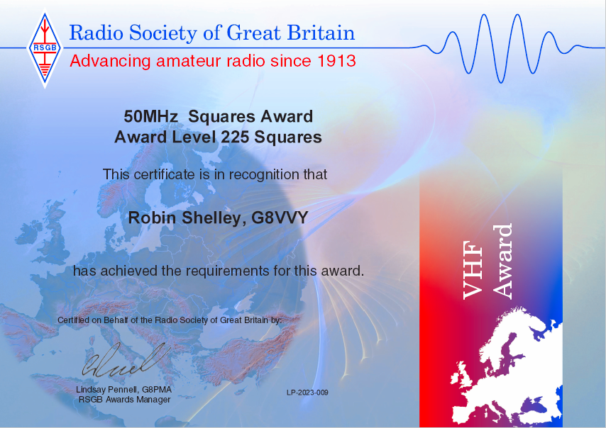 50 MHz Squares Award - 225 squares - June 2023 