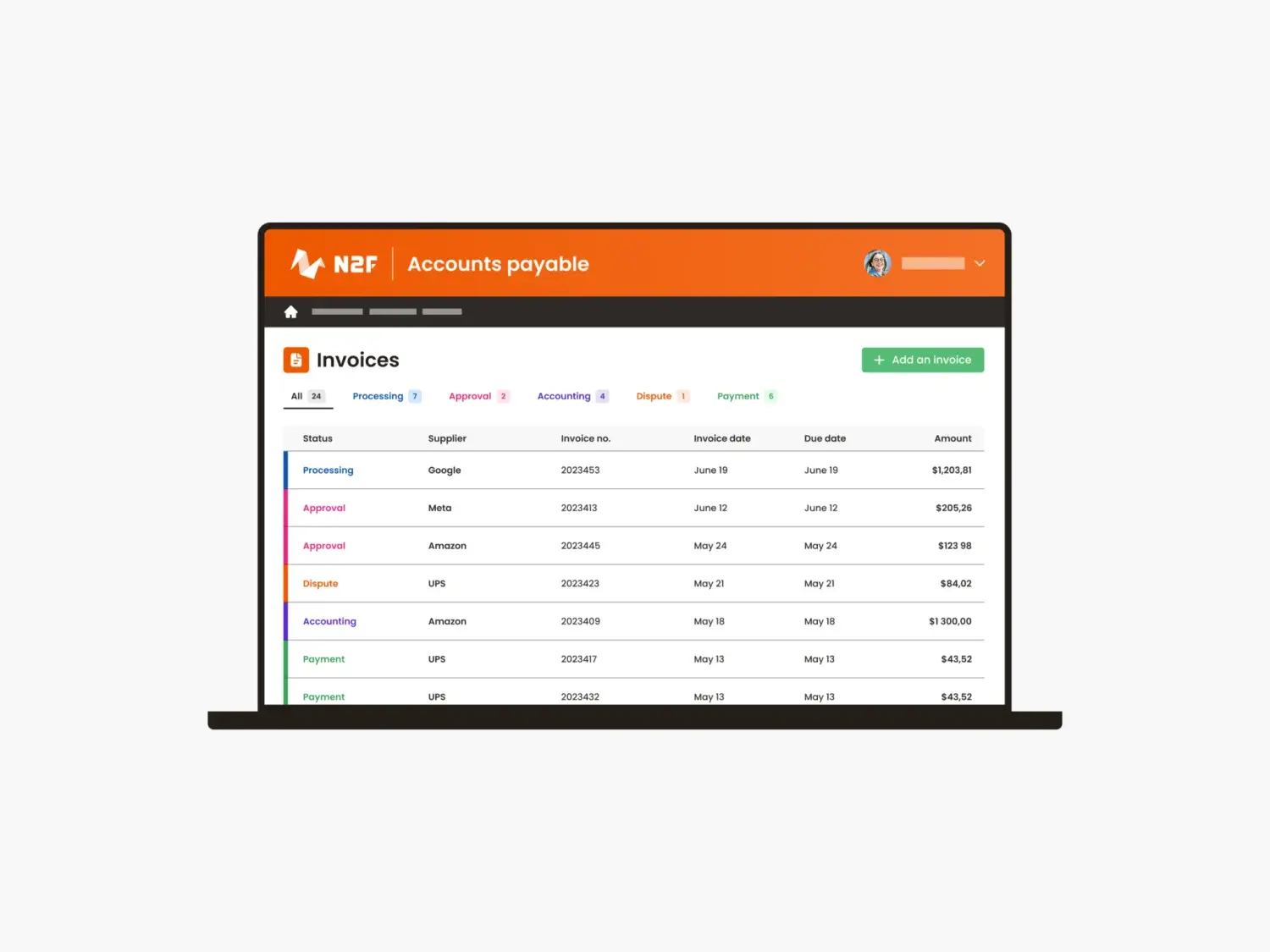 N2F accounts payable list of supplier invoices with their status