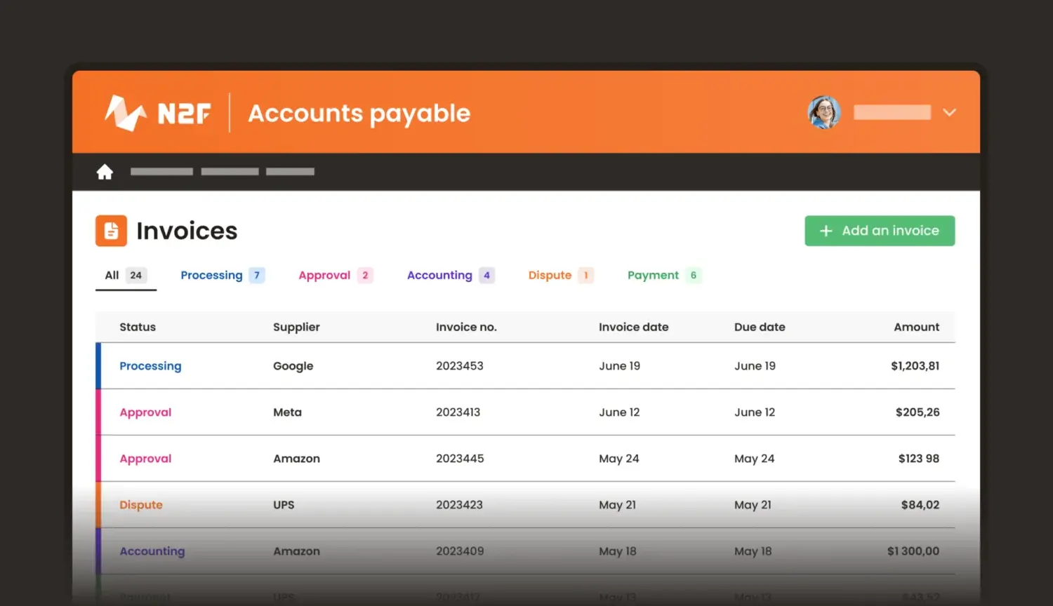 N2F accounts payable list with invoice statuses