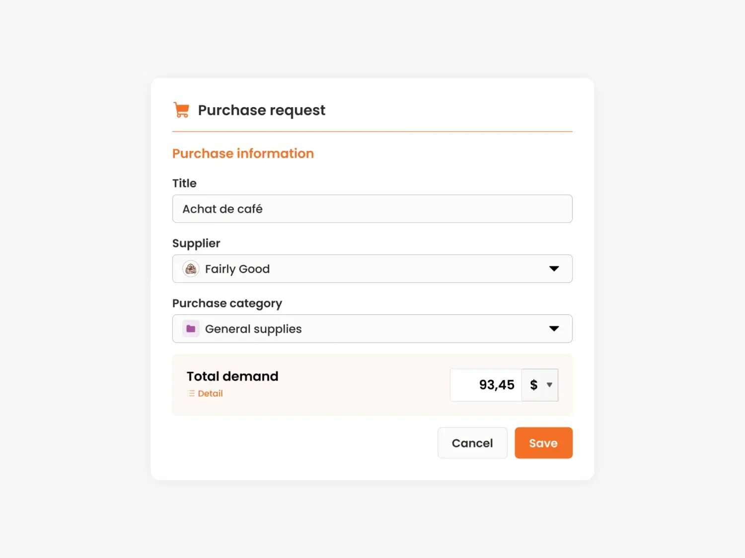 N2F purchase request form with supplier, category and amount