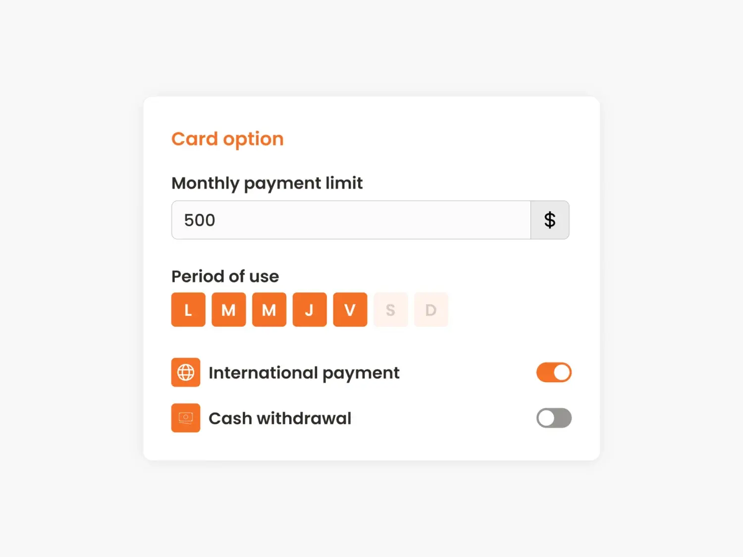 N2F corporate card settings with monthly limit