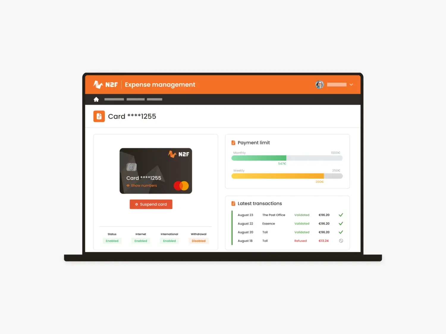 N2F corporate card dashboard with limit and spending