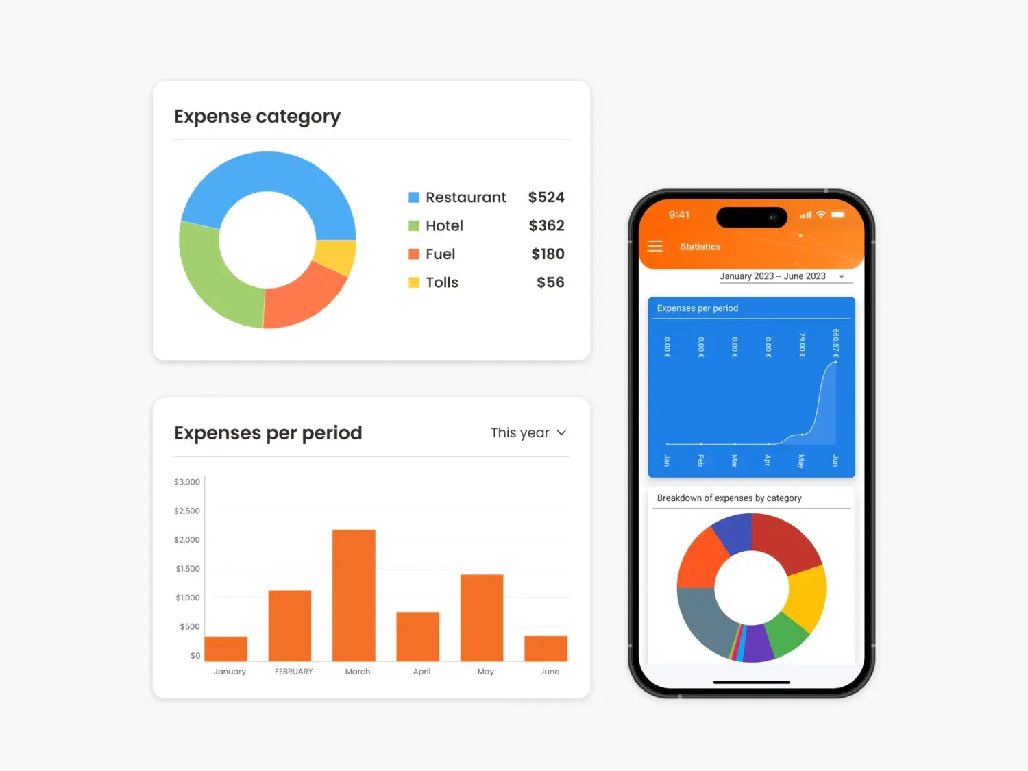 N2F analytics of expenses by category and period