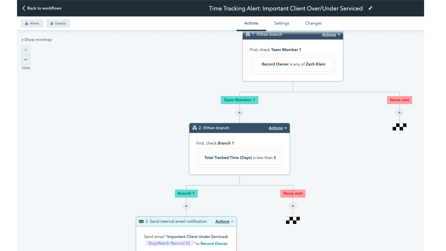 Example HubSpot Workflow screenshot leveraging StopWatch Time Log data